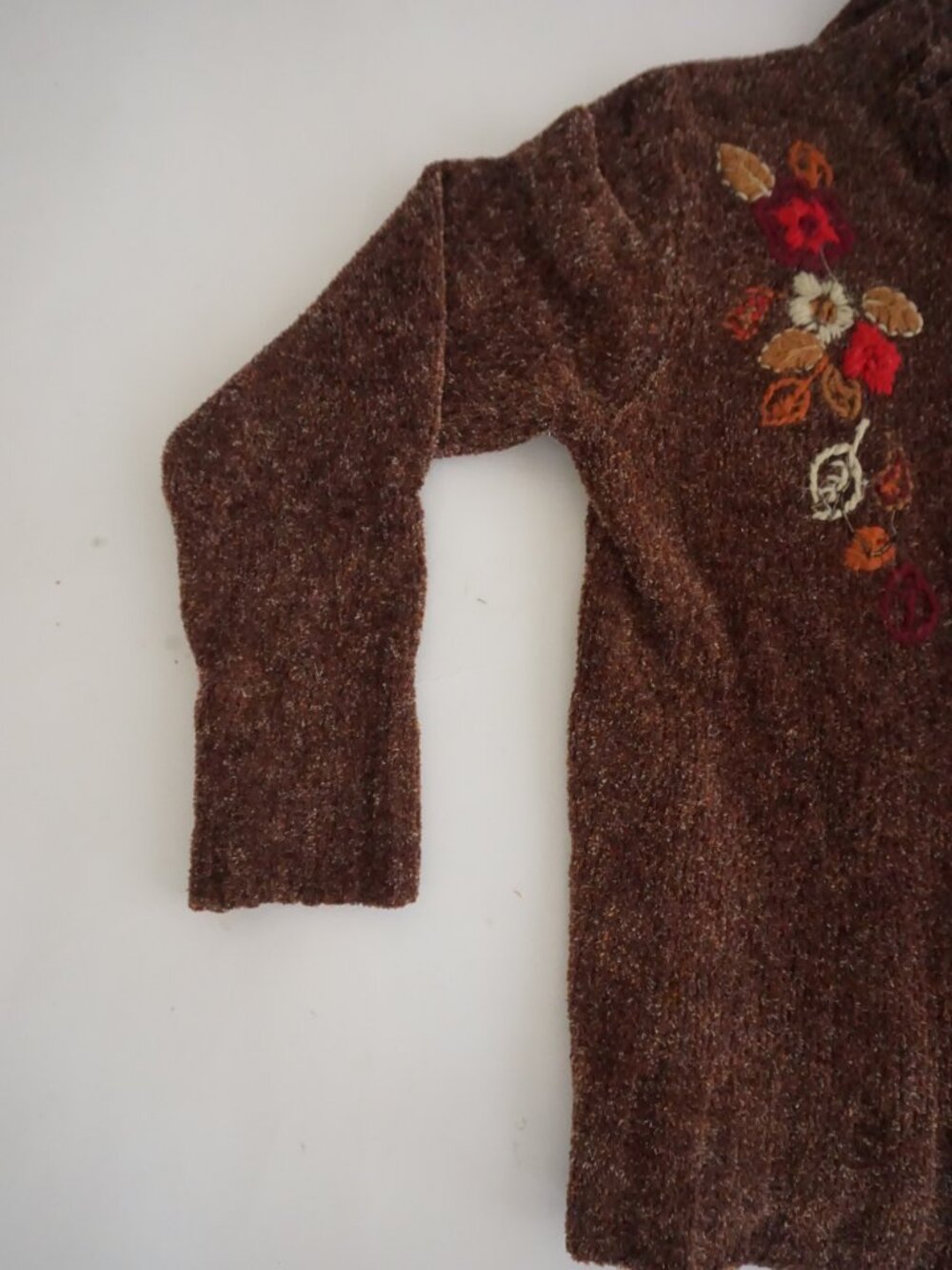 Vintage T & Company Brown Floral Embroidered Chenille Zip Boho Cardigan S - Picture 7 of 10